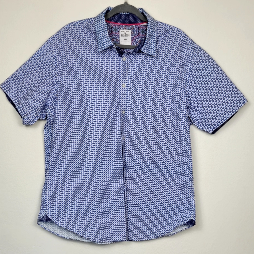 Society Of Threads Shirt Men  – 2XL Blue Roosters Print Slim Fit Comfort